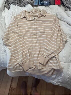 Aerie Striped Polo Pullover in Beige and White